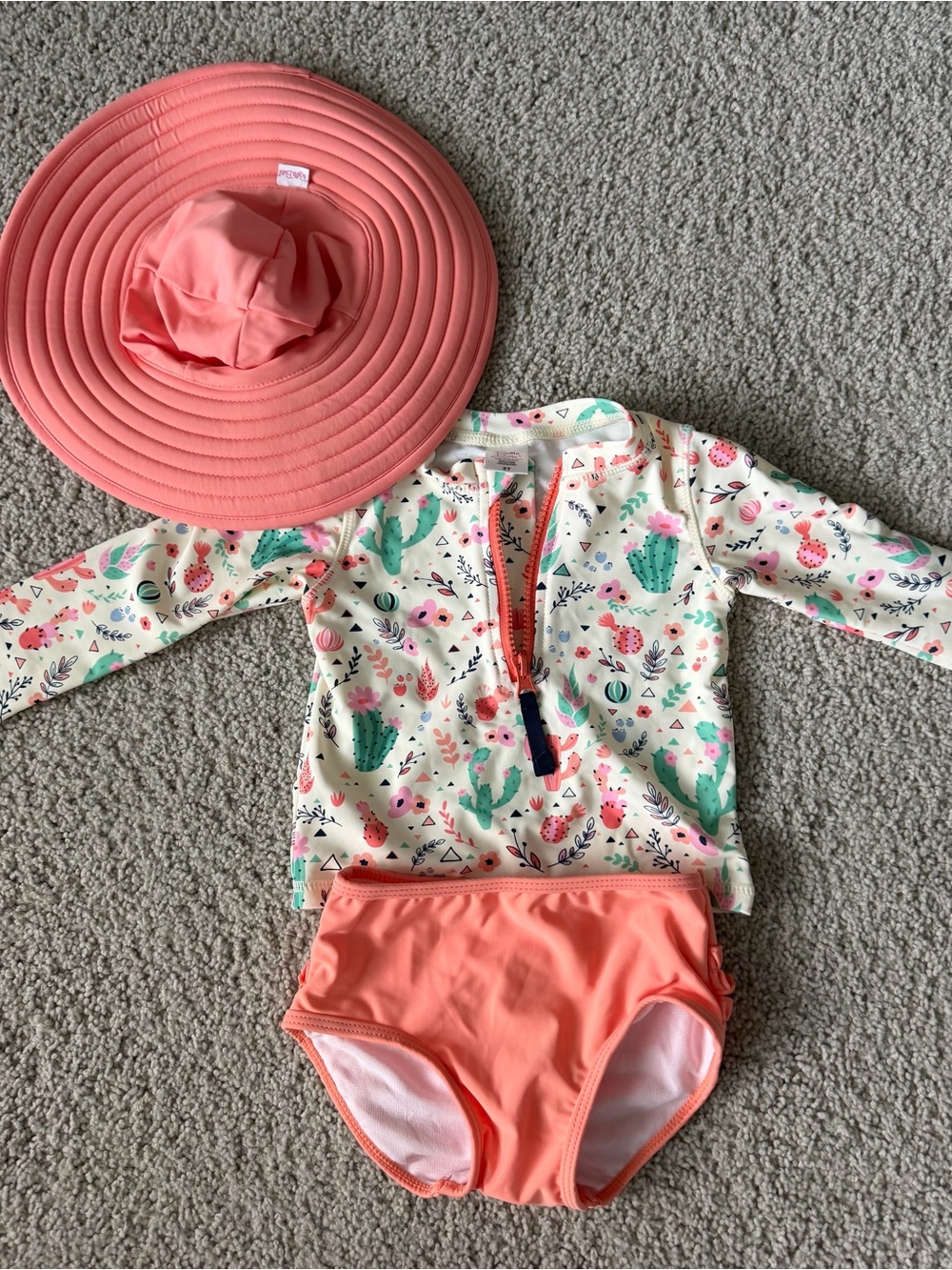 Ruffle Butts Coral & Cream Cactus Print Rashguard Set with Hat